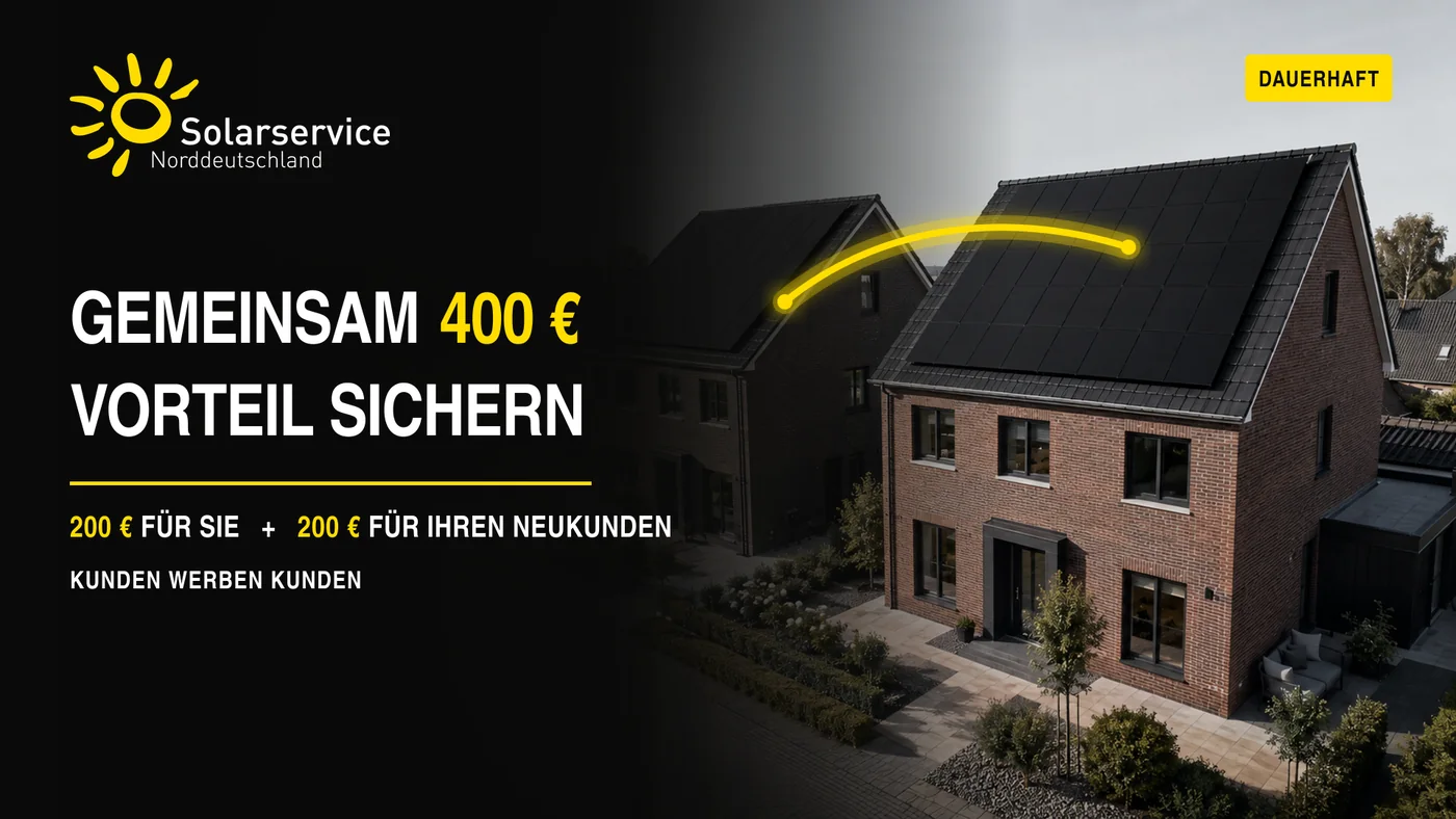 Zwei Nachbarhäuser mit Solaranlagen, verbunden durch einen gelben Bogen